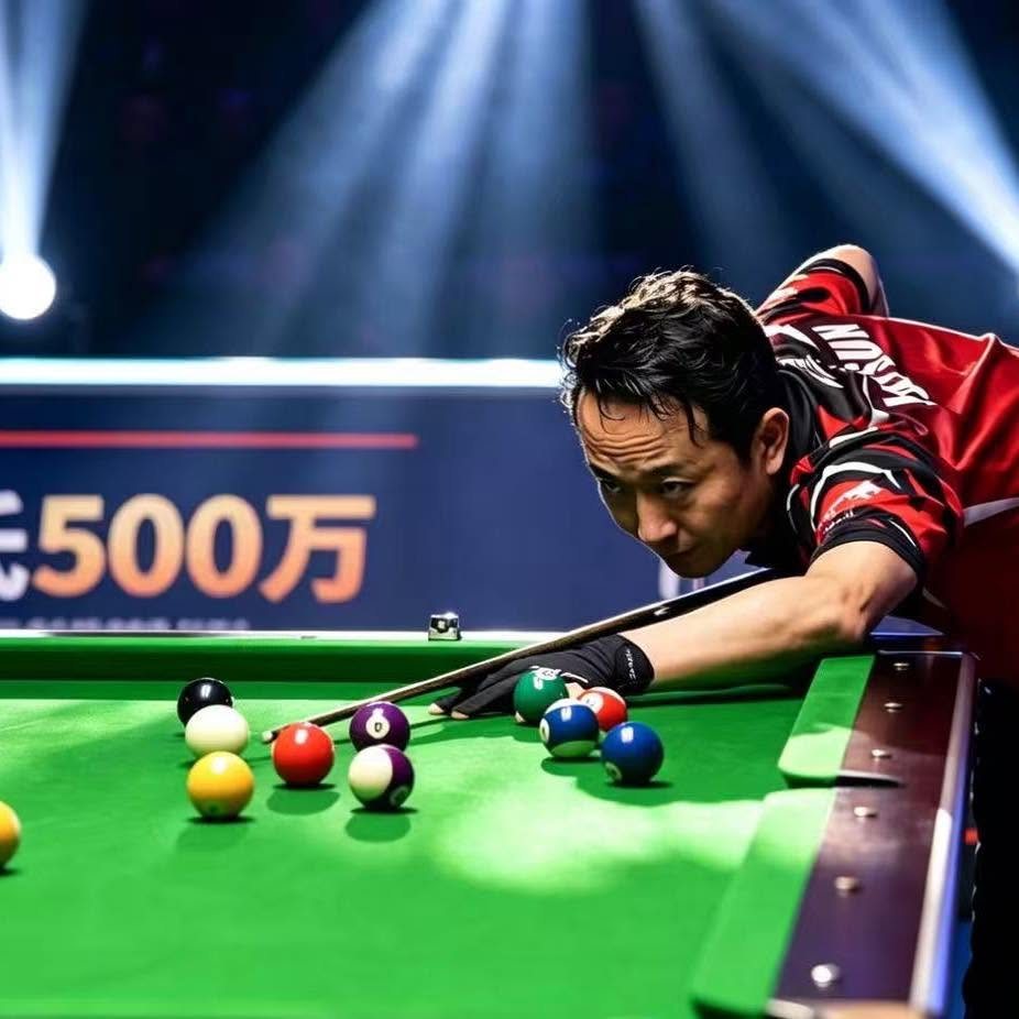 Pool player lining up a shot across a green cloth table under tournament lights